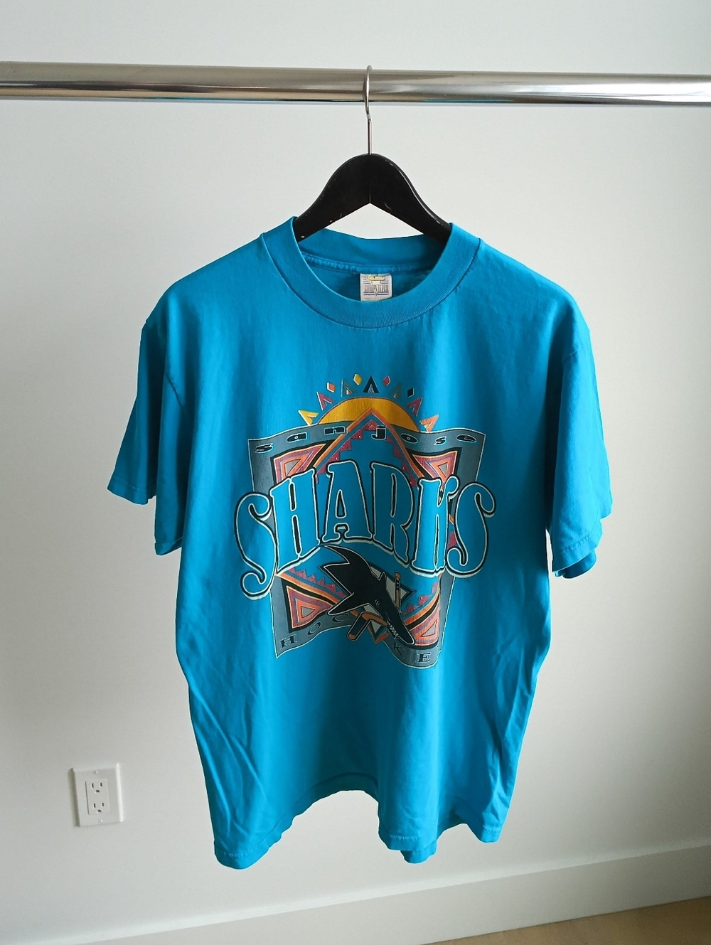 Vintage 90s San Jose Sharks Fiesta NHL T-Shirt Single Stitch Large Teal 1994